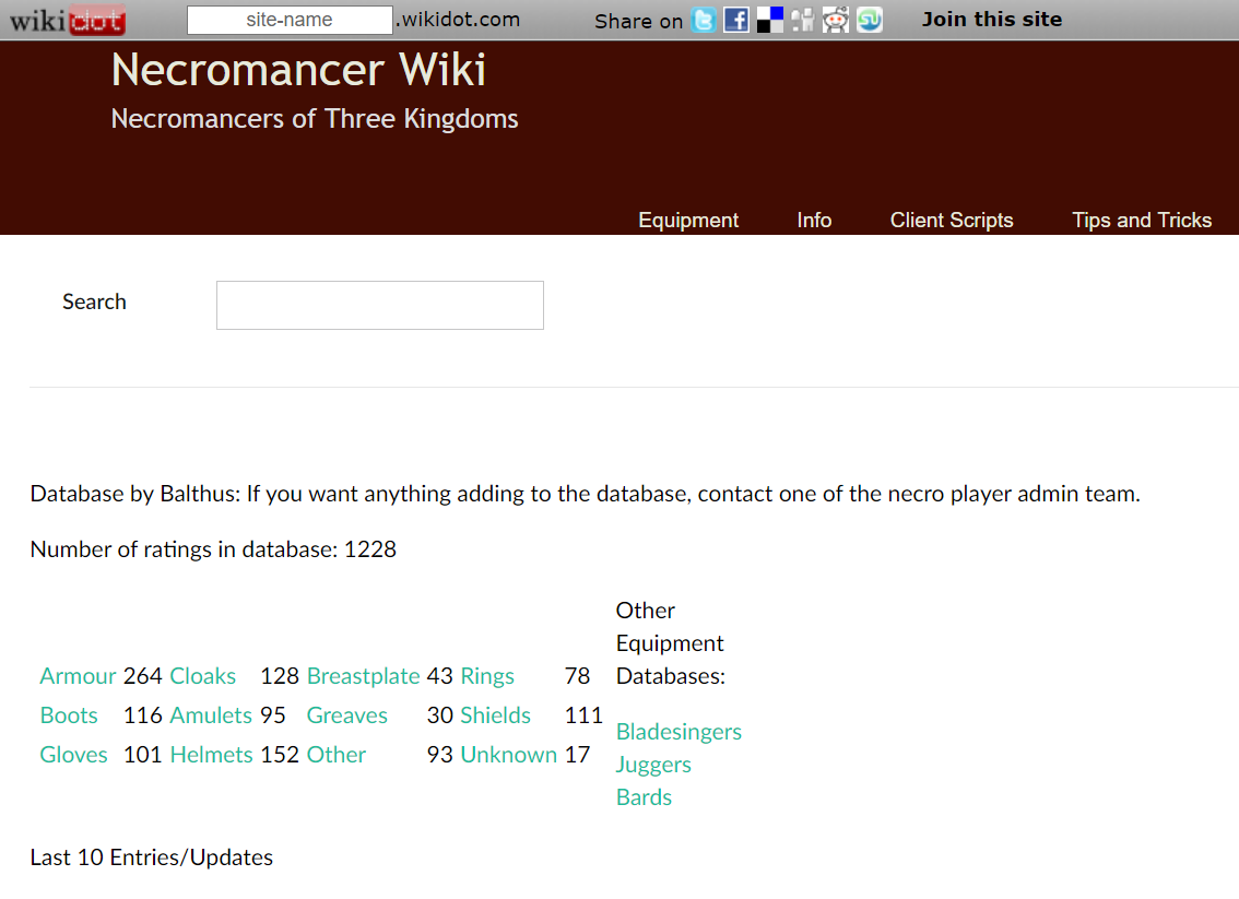 screenshot of the Necromancer equipment database site